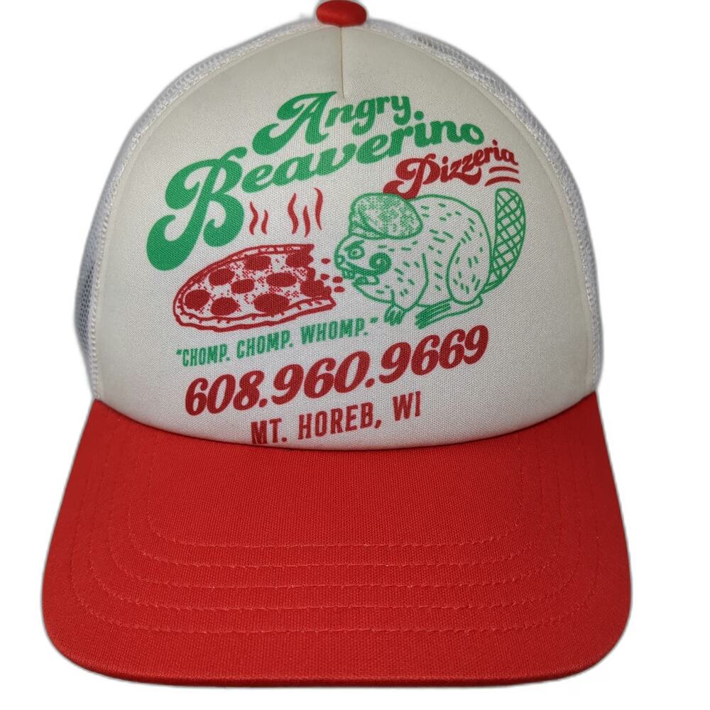 Duluth Trucker Hat White Red One Size Angry Beaverino Pizzeria Wisconsin Mesh